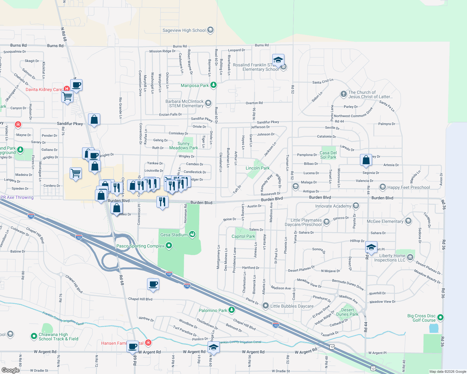 map of restaurants, bars, coffee shops, grocery stores, and more near 4912 Arthur Ln in Pasco