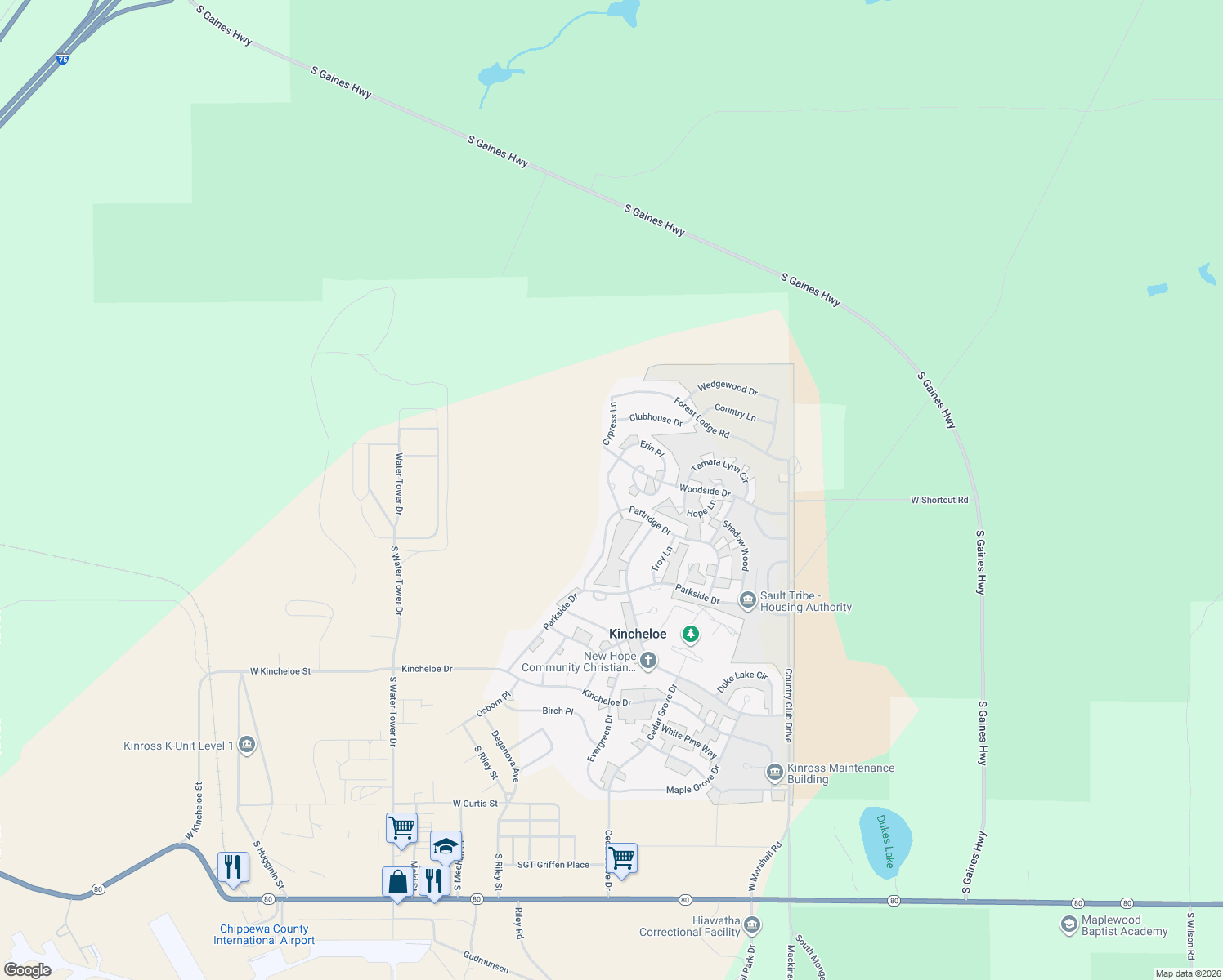 map of restaurants, bars, coffee shops, grocery stores, and more near 99 Fairway Drive in Kinross Charter Township
