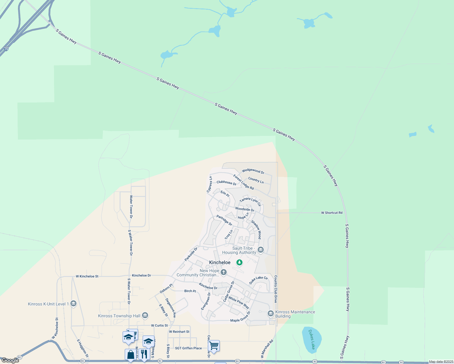 map of restaurants, bars, coffee shops, grocery stores, and more near 99 Clubhouse Drive in Kinross Charter Township