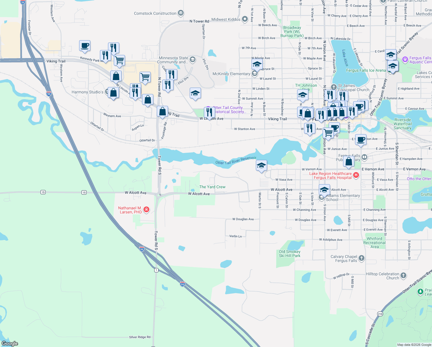 map of restaurants, bars, coffee shops, grocery stores, and more near 220 West Washington Avenue in Fergus Falls