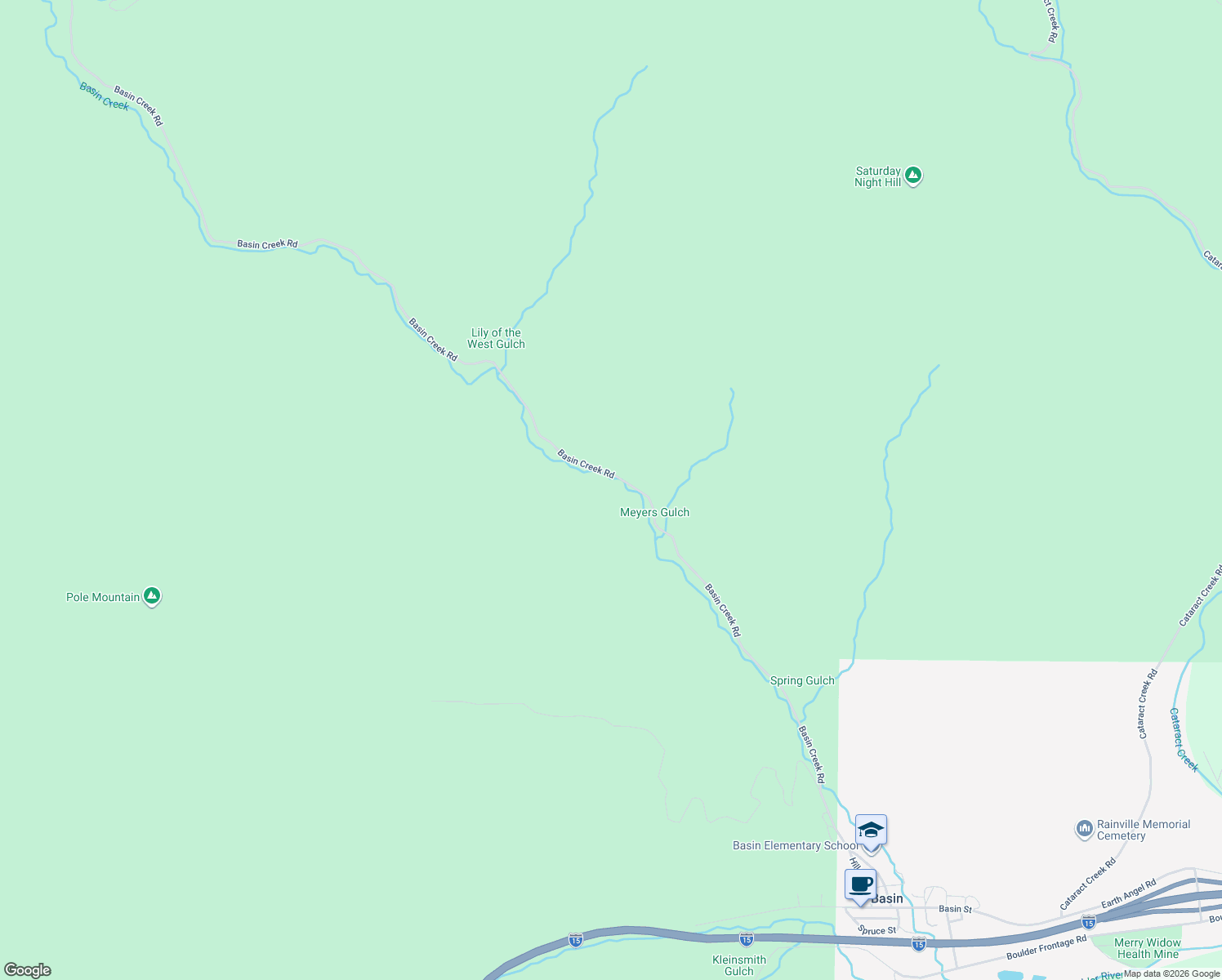 map of restaurants, bars, coffee shops, grocery stores, and more near 6 Basin Creek Road in Basin