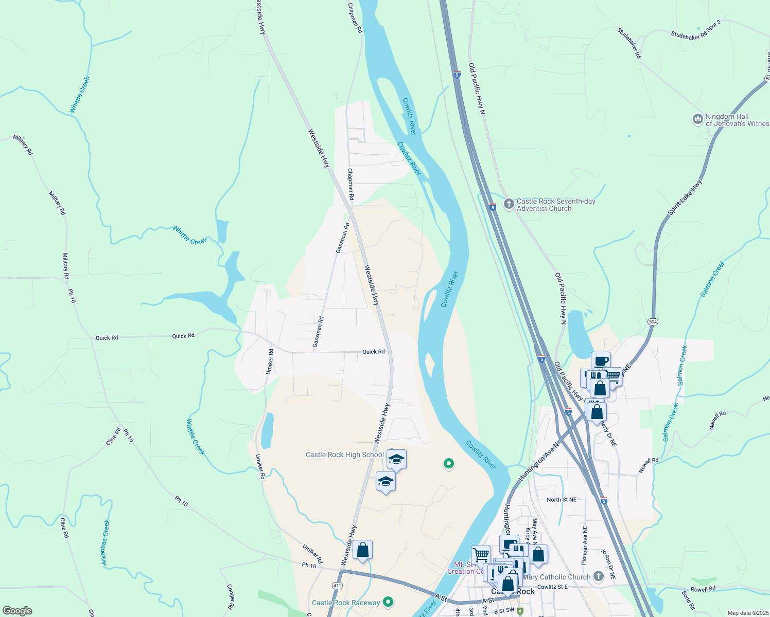 map of restaurants, bars, coffee shops, grocery stores, and more near 5446 Westside Highway in Castle Rock