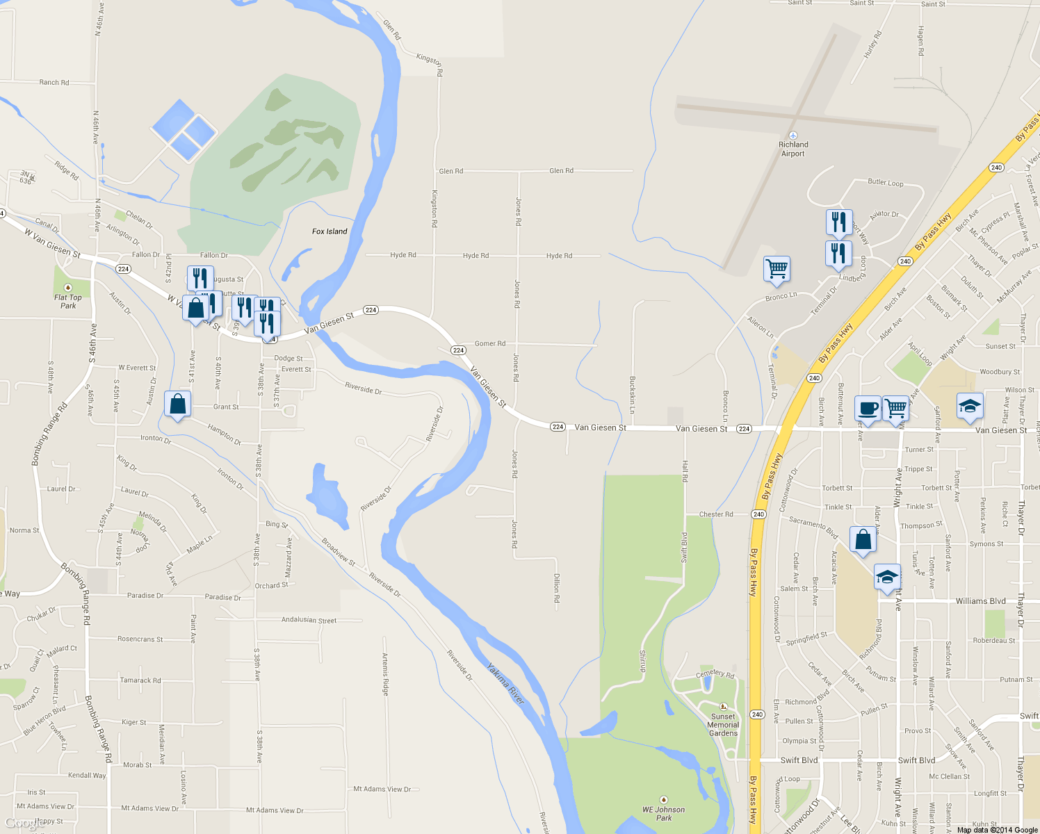 map of restaurants, bars, coffee shops, grocery stores, and more near 1699 Jones Road in Richland