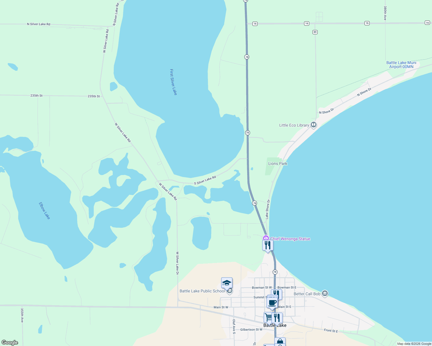 map of restaurants, bars, coffee shops, grocery stores, and more near 36755 South Silver Lake Road in Battle Lake