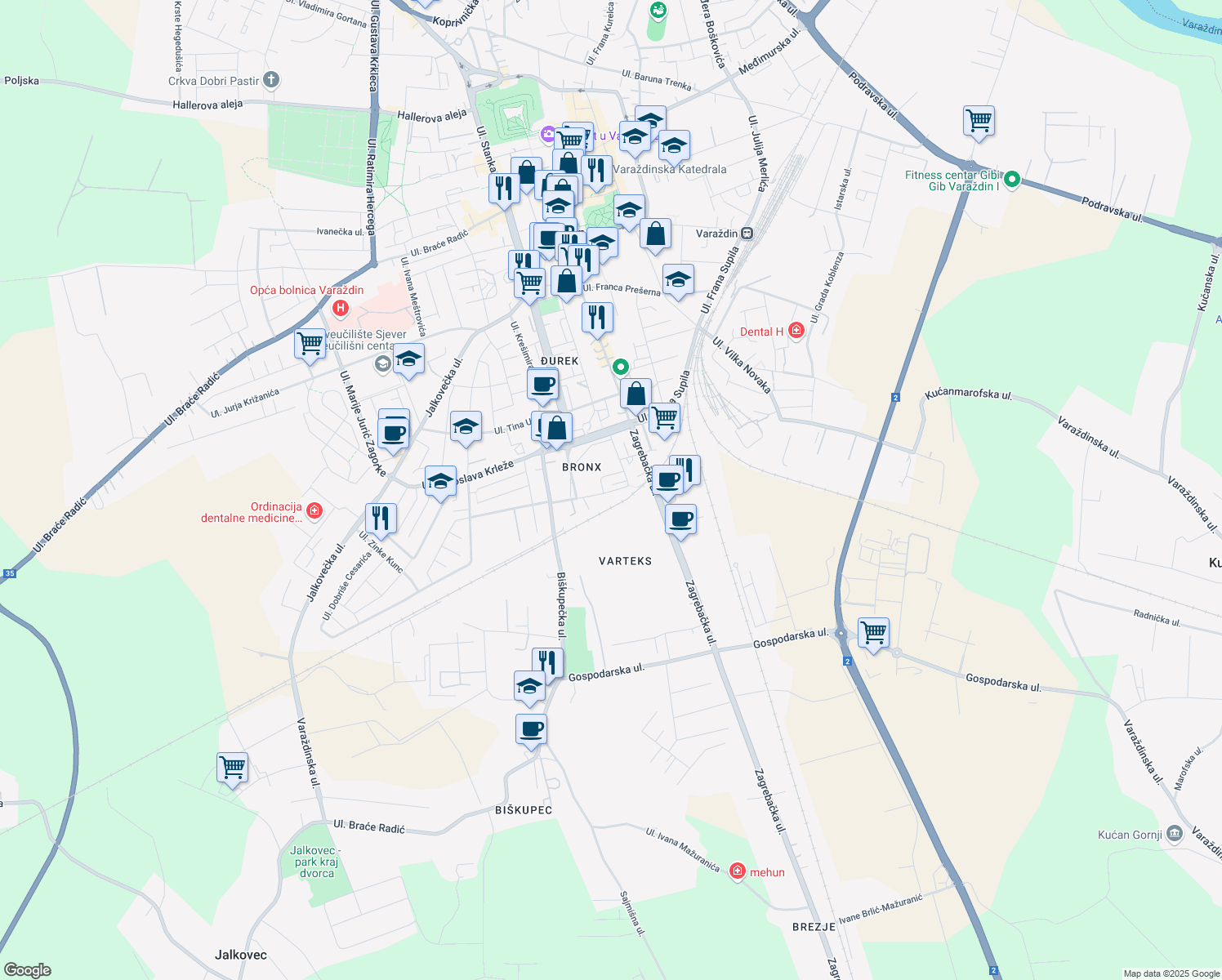 map of restaurants, bars, coffee shops, grocery stores, and more near 8a Ulica Stjepana Vukovića in Varaždin