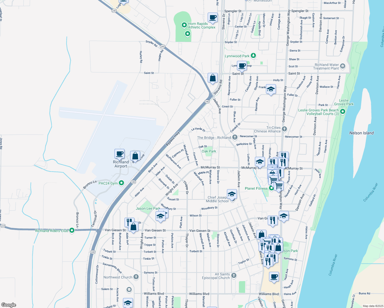 map of restaurants, bars, coffee shops, grocery stores, and more near 1931 Forest Avenue in Richland