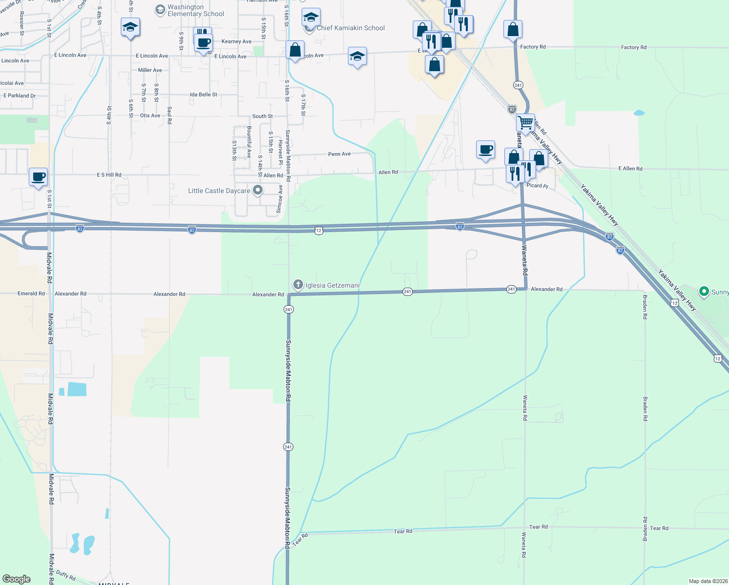 map of restaurants, bars, coffee shops, grocery stores, and more near 1542 Alexander Rd in Sunnyside