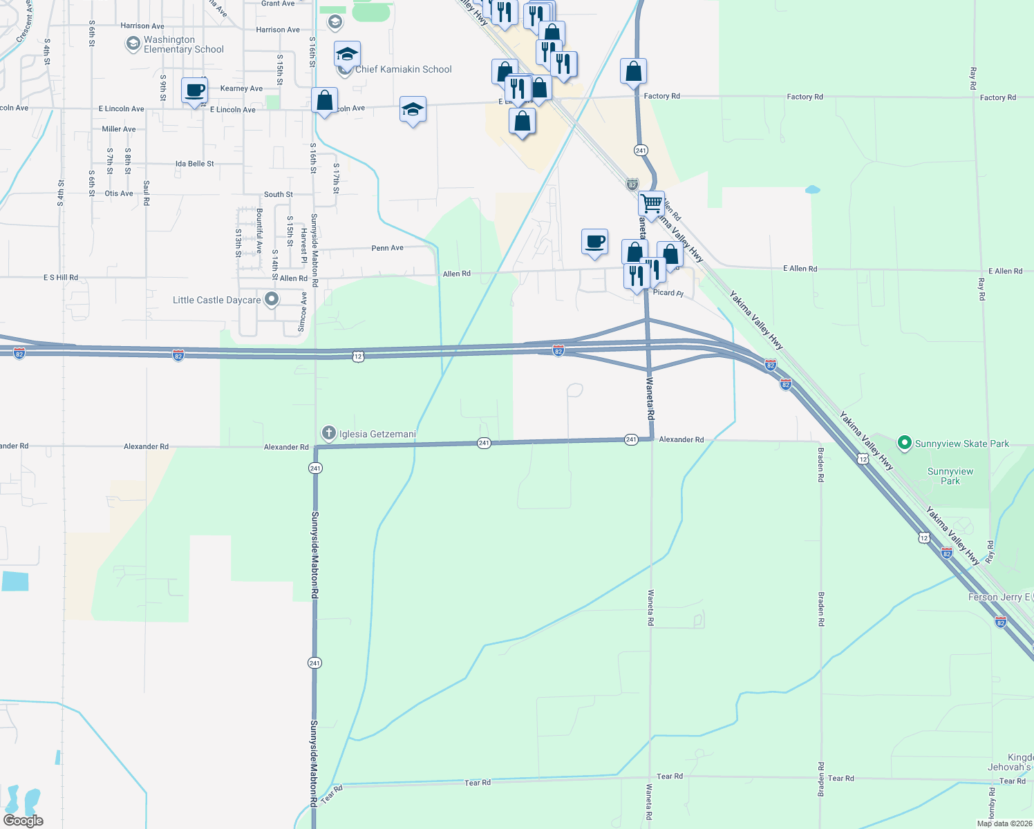 map of restaurants, bars, coffee shops, grocery stores, and more near 1621 Alexander Rd in Sunnyside