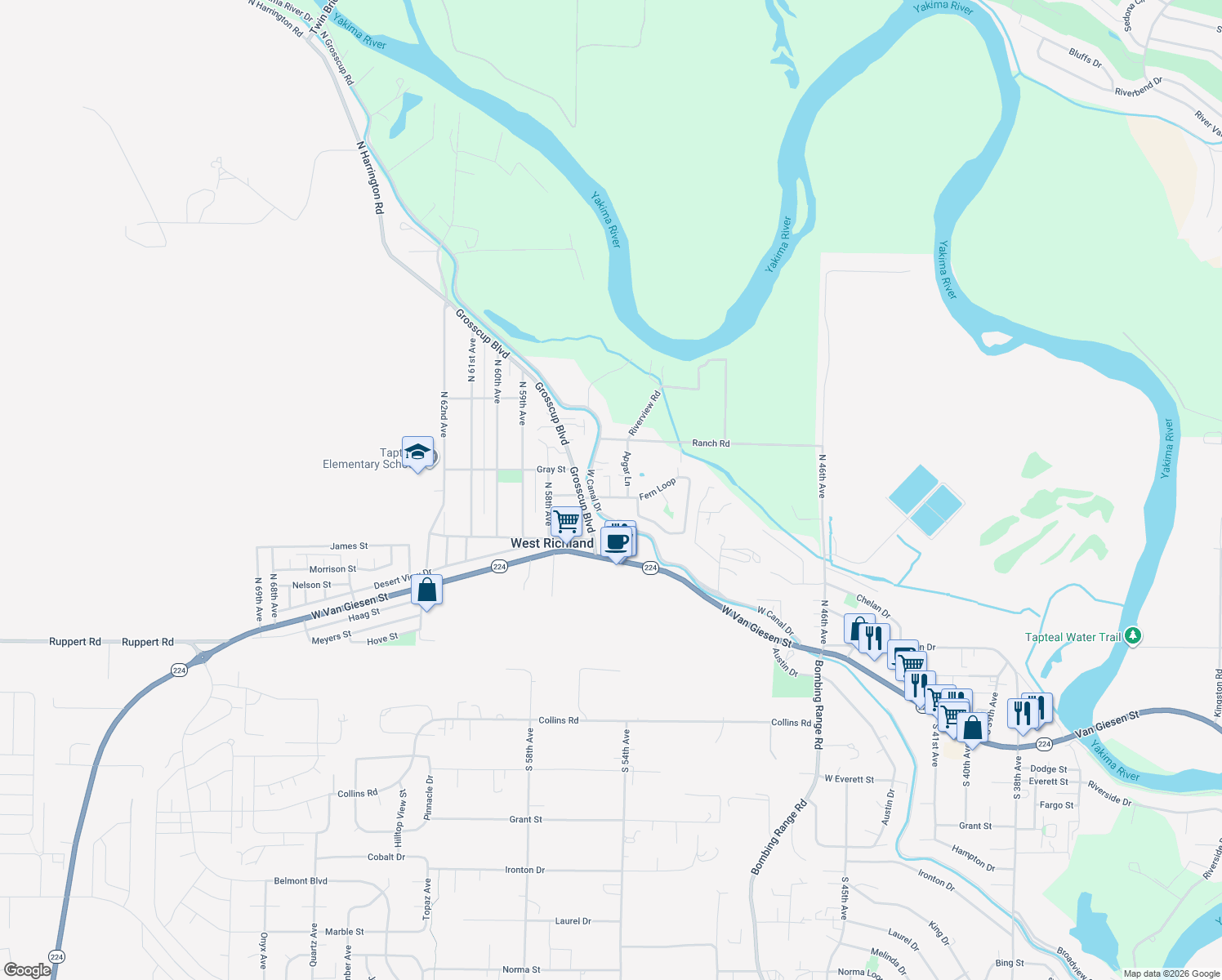 map of restaurants, bars, coffee shops, grocery stores, and more near 5406 Fern Loop in West Richland