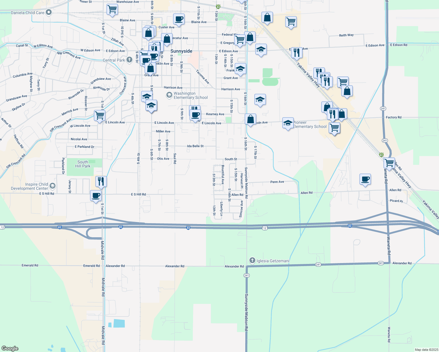 map of restaurants, bars, coffee shops, grocery stores, and more near 1312 Apple Ln in Sunnyside