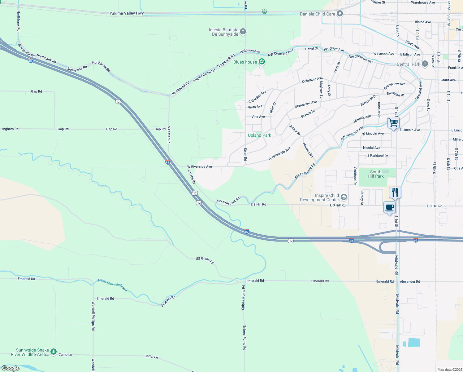 map of restaurants, bars, coffee shops, grocery stores, and more near 1596 East South Hill Rd in Sunnyside