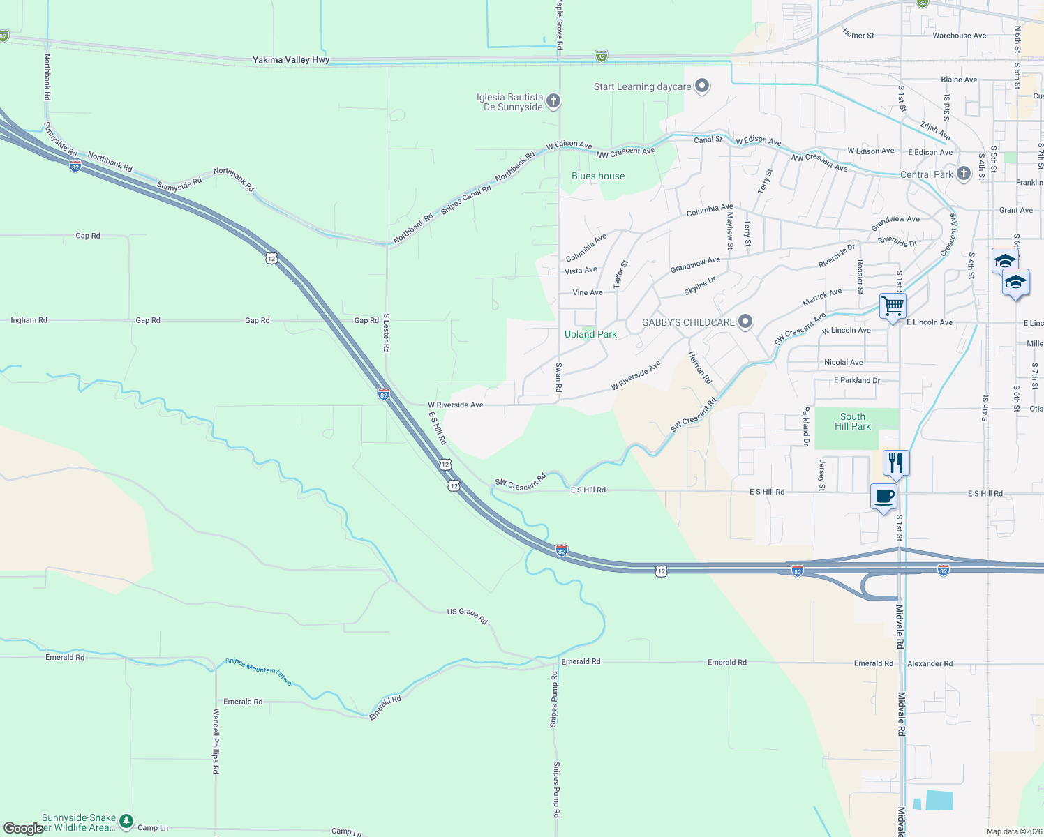 map of restaurants, bars, coffee shops, grocery stores, and more near 1401 West Riverside Avenue in Sunnyside