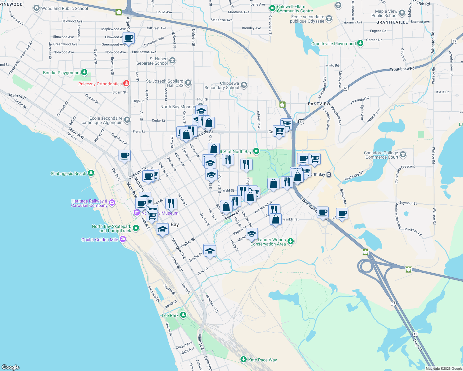 map of restaurants, bars, coffee shops, grocery stores, and more near 174 Princess Street East in North Bay