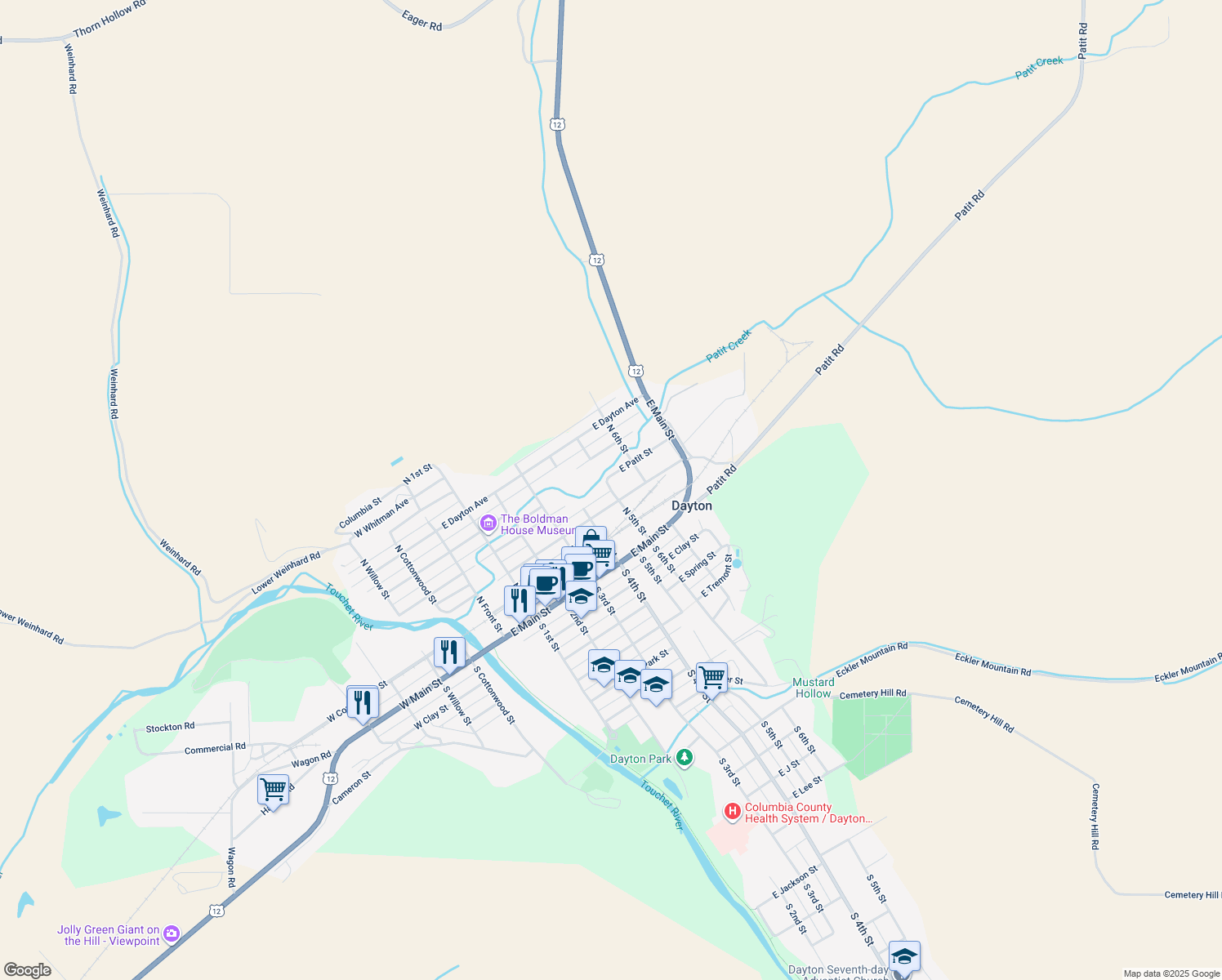 map of restaurants, bars, coffee shops, grocery stores, and more near N 5th St in Dayton