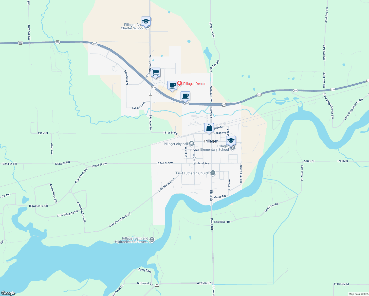 map of restaurants, bars, coffee shops, grocery stores, and more near 324 West 3rd Street in Pillager