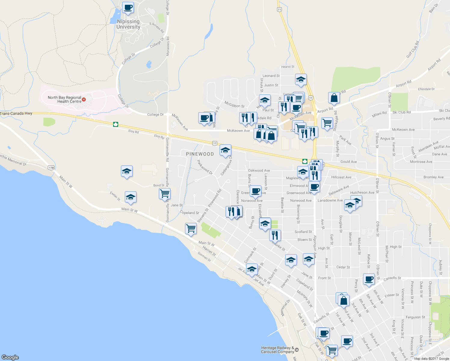 map of restaurants, bars, coffee shops, grocery stores, and more near 944 Pinewood Road in North Bay