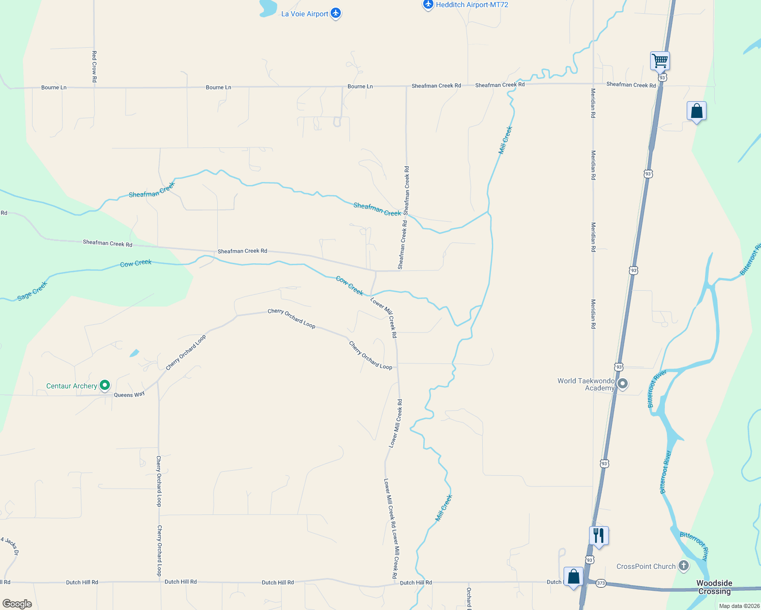 map of restaurants, bars, coffee shops, grocery stores, and more near 1101 Lower Mill Creek Road in Hamilton