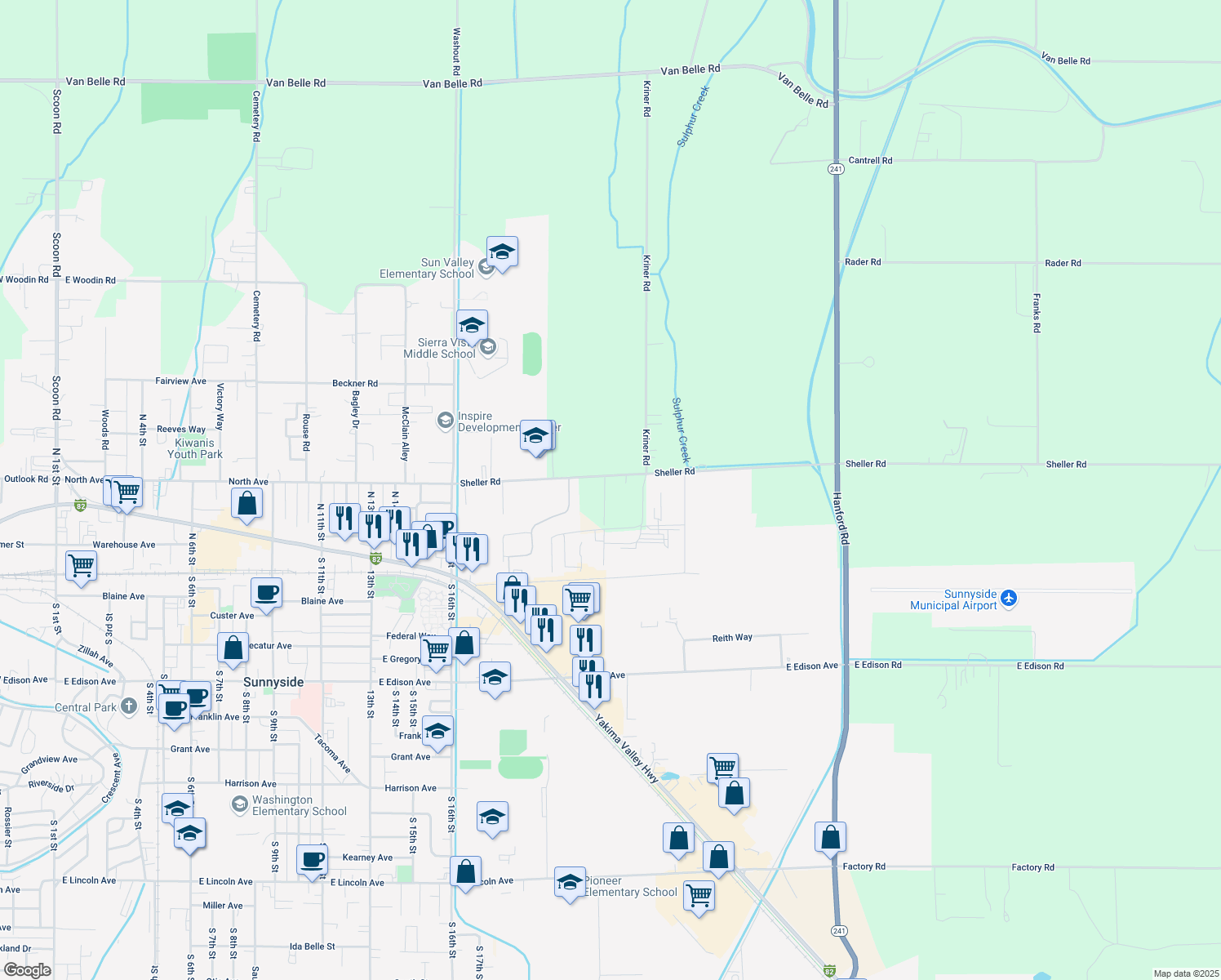 map of restaurants, bars, coffee shops, grocery stores, and more near 1991 Sheller Rd in Sunnyside