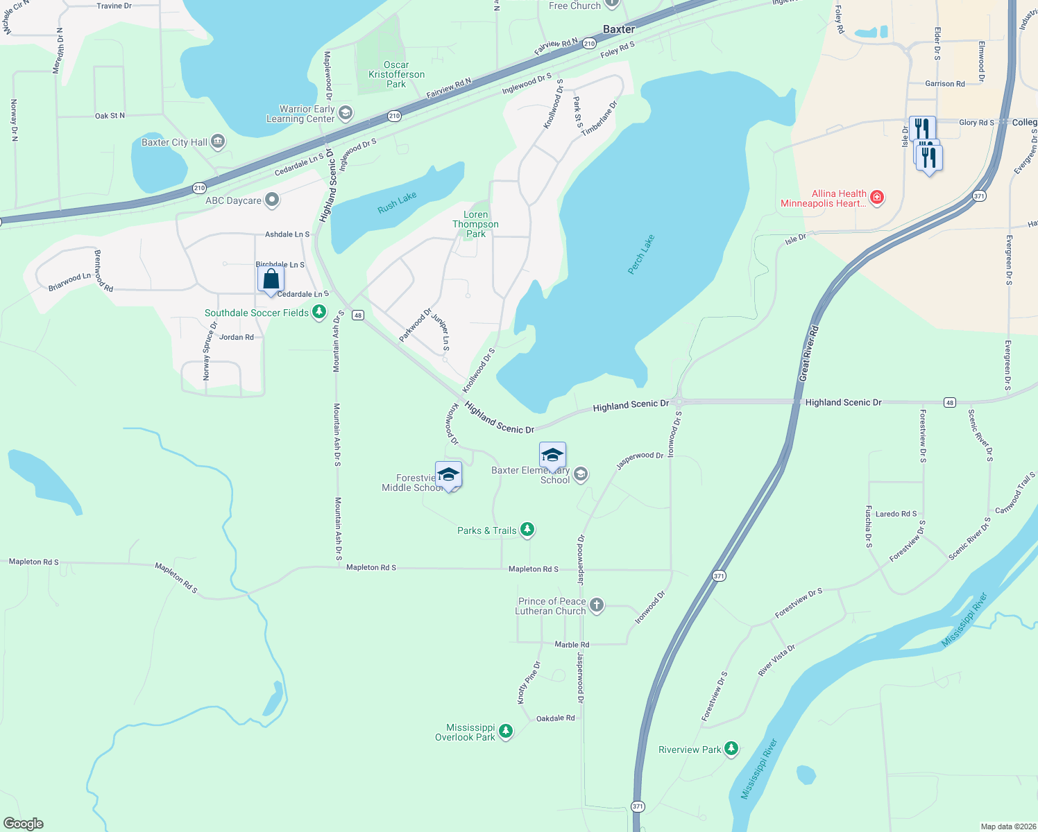 map of restaurants, bars, coffee shops, grocery stores, and more near 6100 Highland Scenic Road in Baxter
