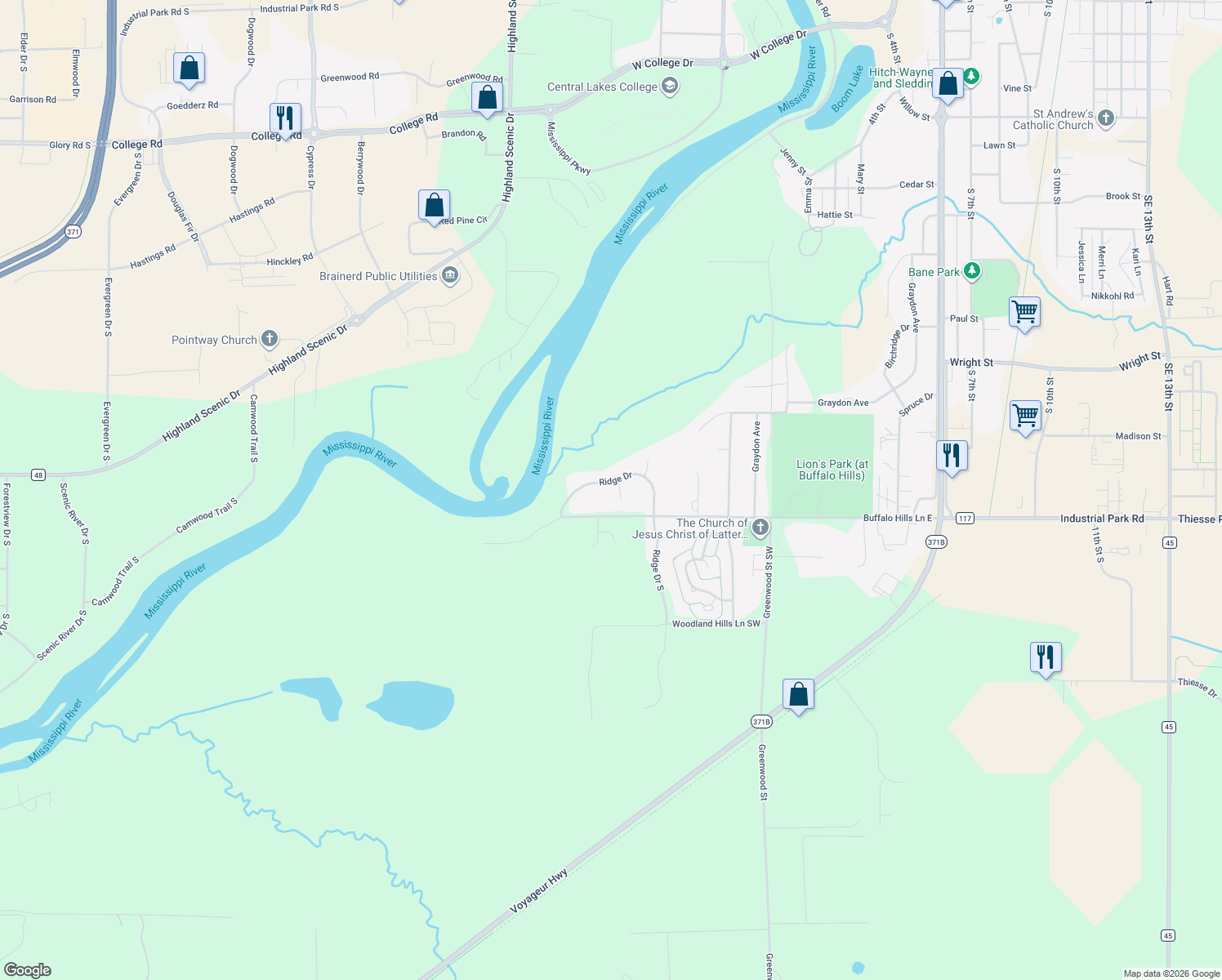 map of restaurants, bars, coffee shops, grocery stores, and more near 302 Aspen Court in Brainerd