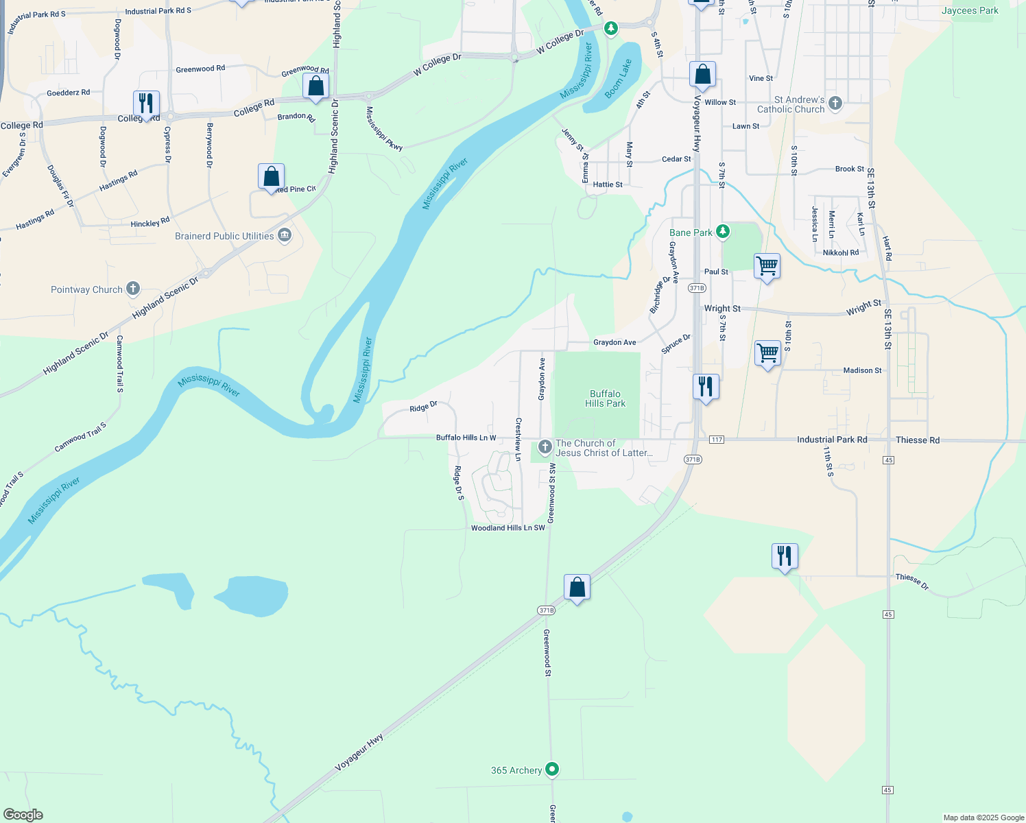 map of restaurants, bars, coffee shops, grocery stores, and more near 2104 Crestview Lane in Brainerd