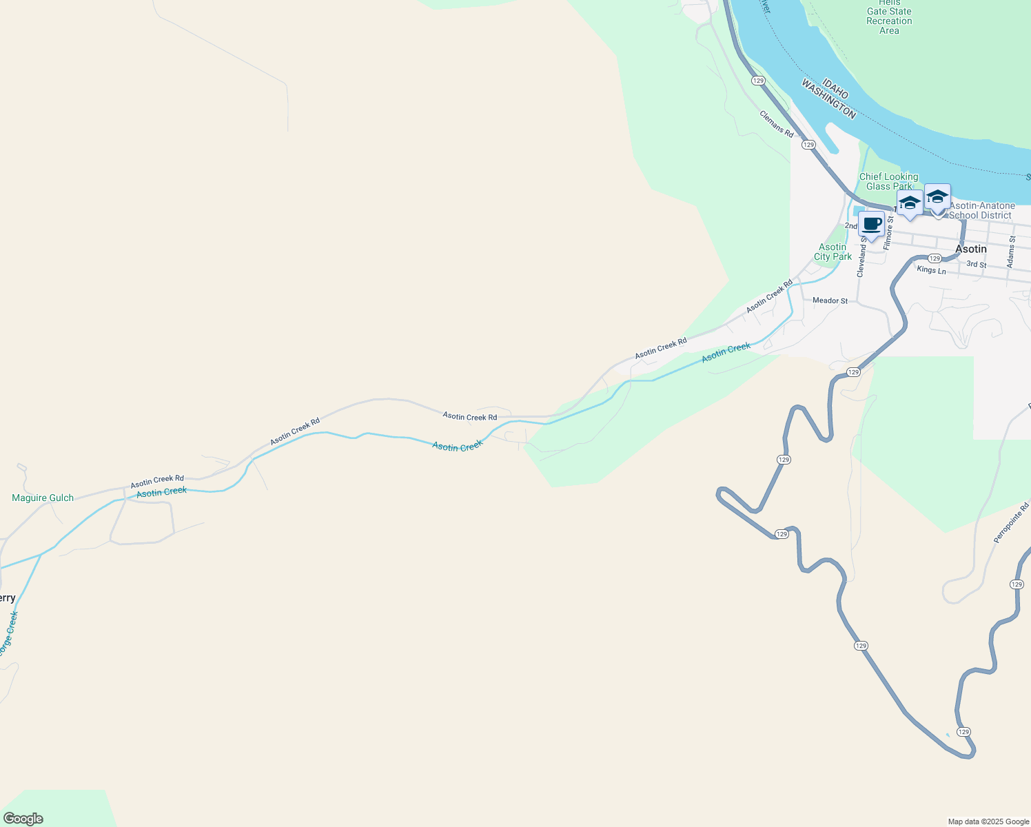 map of restaurants, bars, coffee shops, grocery stores, and more near 2056 Asotin Creek Road in Asotin