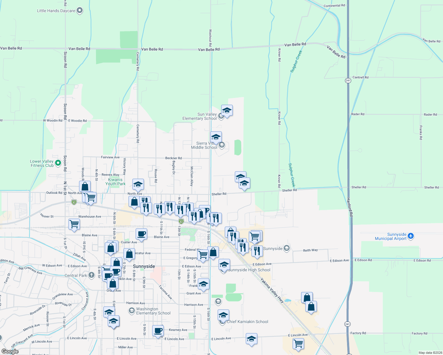 map of restaurants, bars, coffee shops, grocery stores, and more near 605 Sheller Ct in Sunnyside