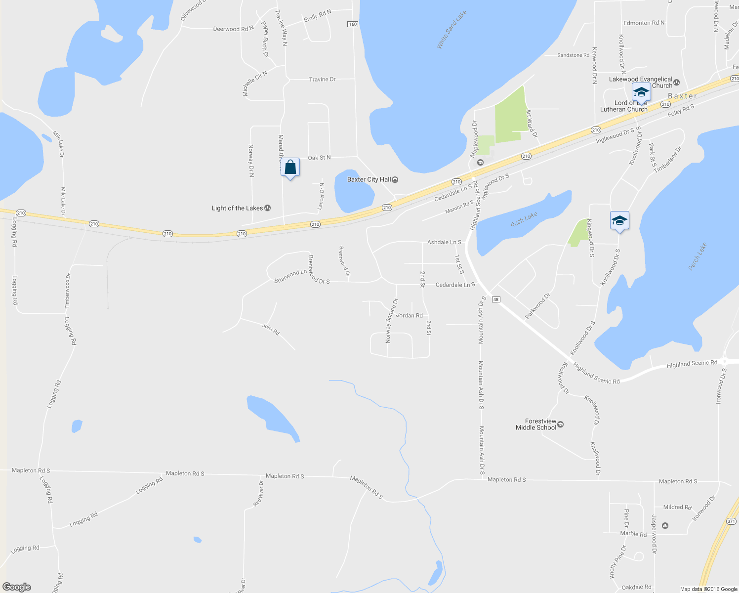 map of restaurants, bars, coffee shops, grocery stores, and more near 5032 Jordan Road in Baxter