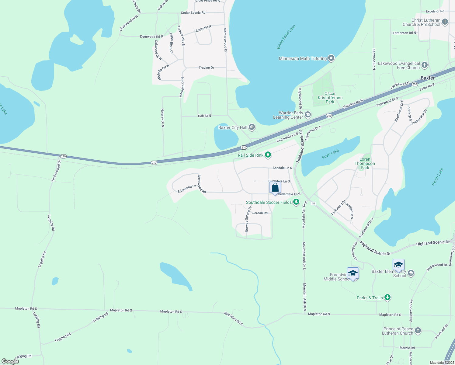 map of restaurants, bars, coffee shops, grocery stores, and more near 12834 Brentwood Circle in Baxter