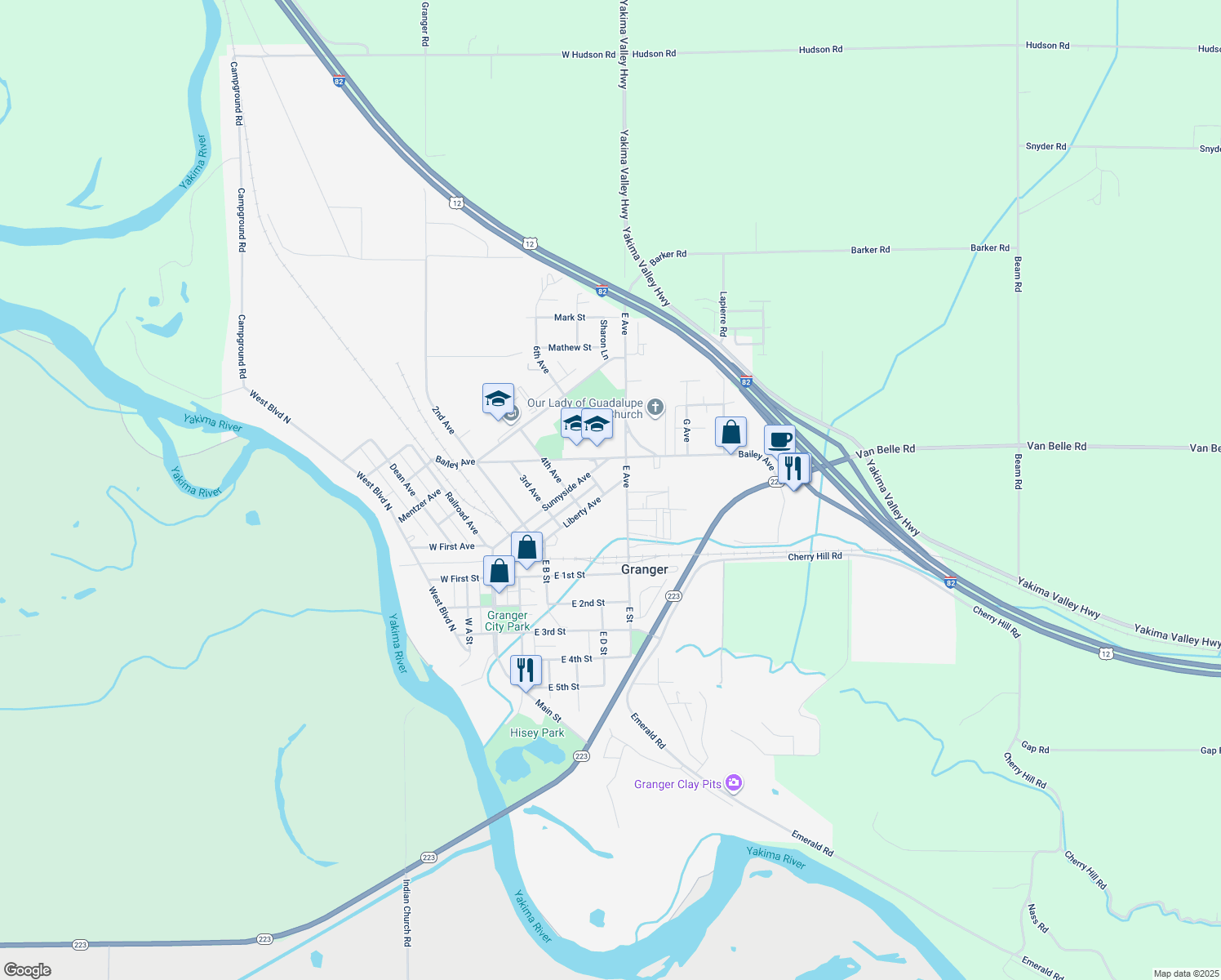 map of restaurants, bars, coffee shops, grocery stores, and more near 504 Liberty Ave in Granger