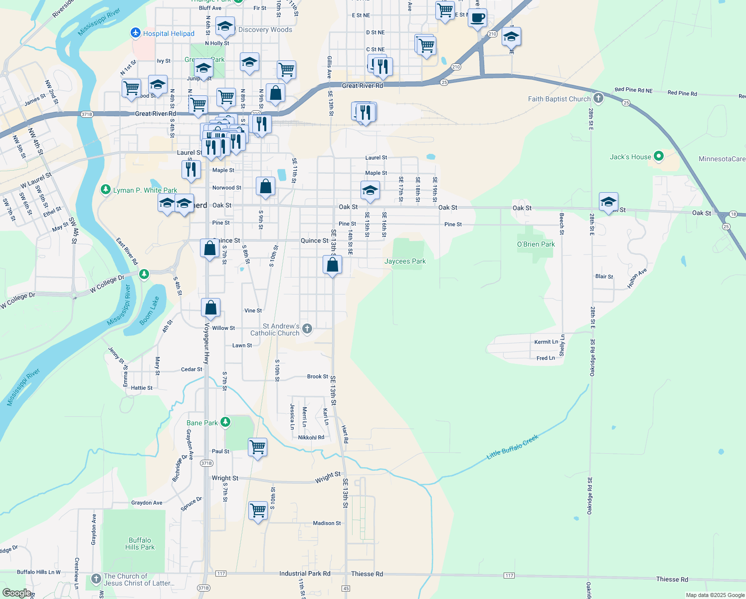 map of restaurants, bars, coffee shops, grocery stores, and more near 1004 SE 15th St in Brainerd