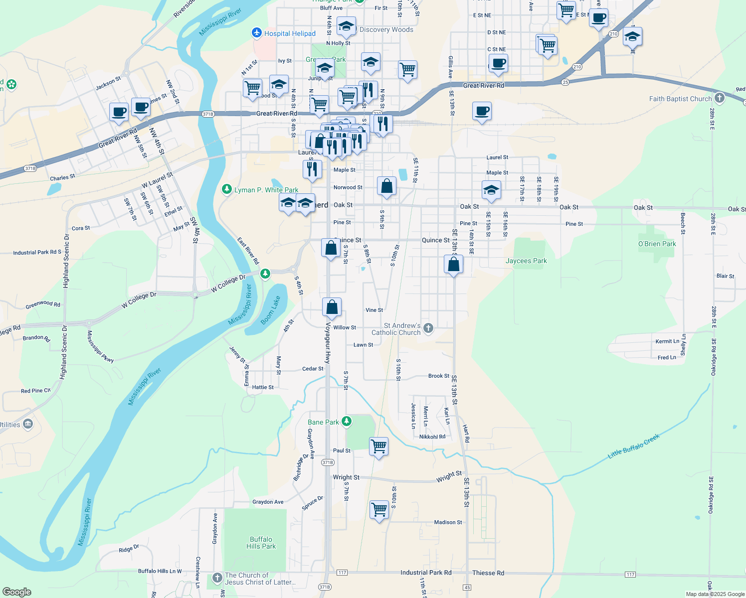 map of restaurants, bars, coffee shops, grocery stores, and more near 1110 Broadway Street in Brainerd