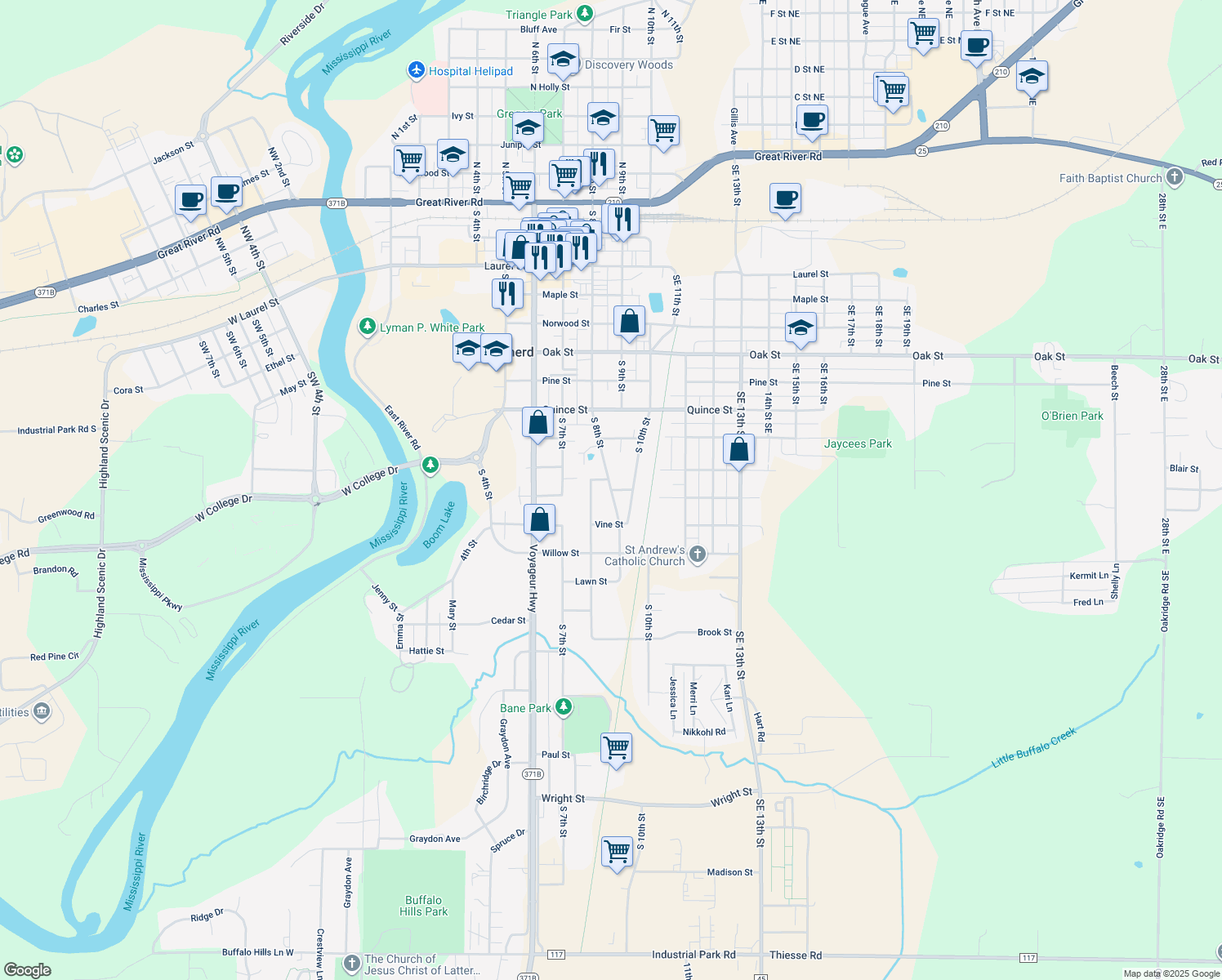 map of restaurants, bars, coffee shops, grocery stores, and more near Lake Street in Brainerd