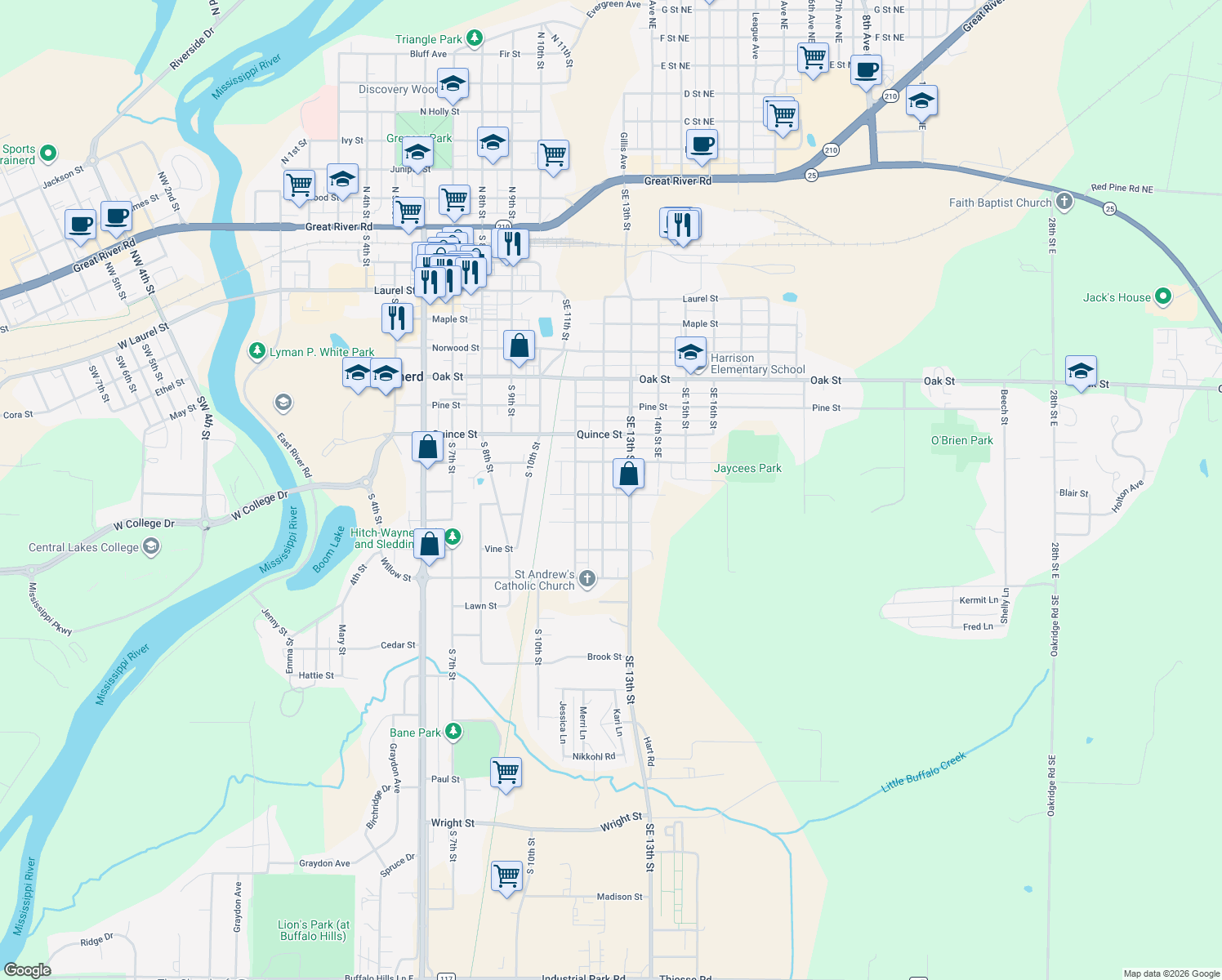 map of restaurants, bars, coffee shops, grocery stores, and more near 927 Southeast 12th Street in Brainerd