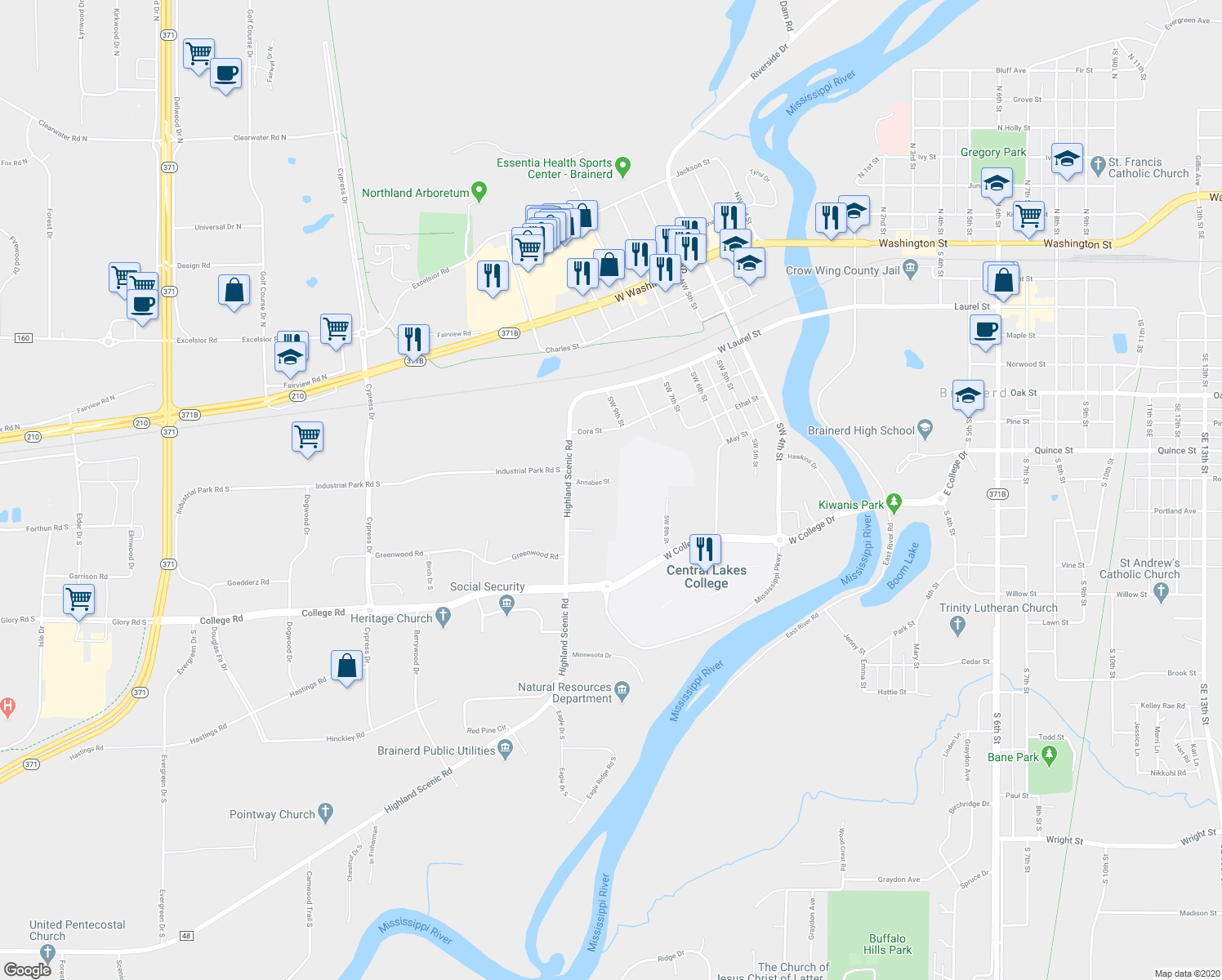 map of restaurants, bars, coffee shops, grocery stores, and more near 901 Annabec Street in Brainerd