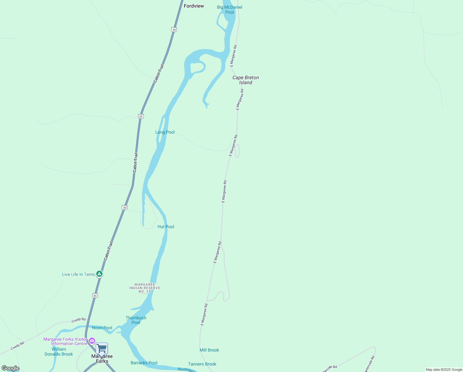 map of restaurants, bars, coffee shops, grocery stores, and more near East Margaree Road in Inverness County