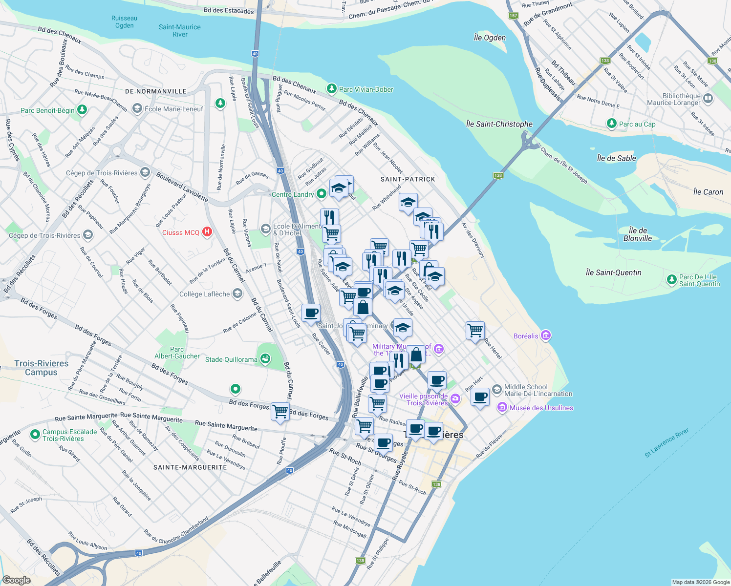map of restaurants, bars, coffee shops, grocery stores, and more near 890 Boulevard du Saint Maurice in Trois-Rivières