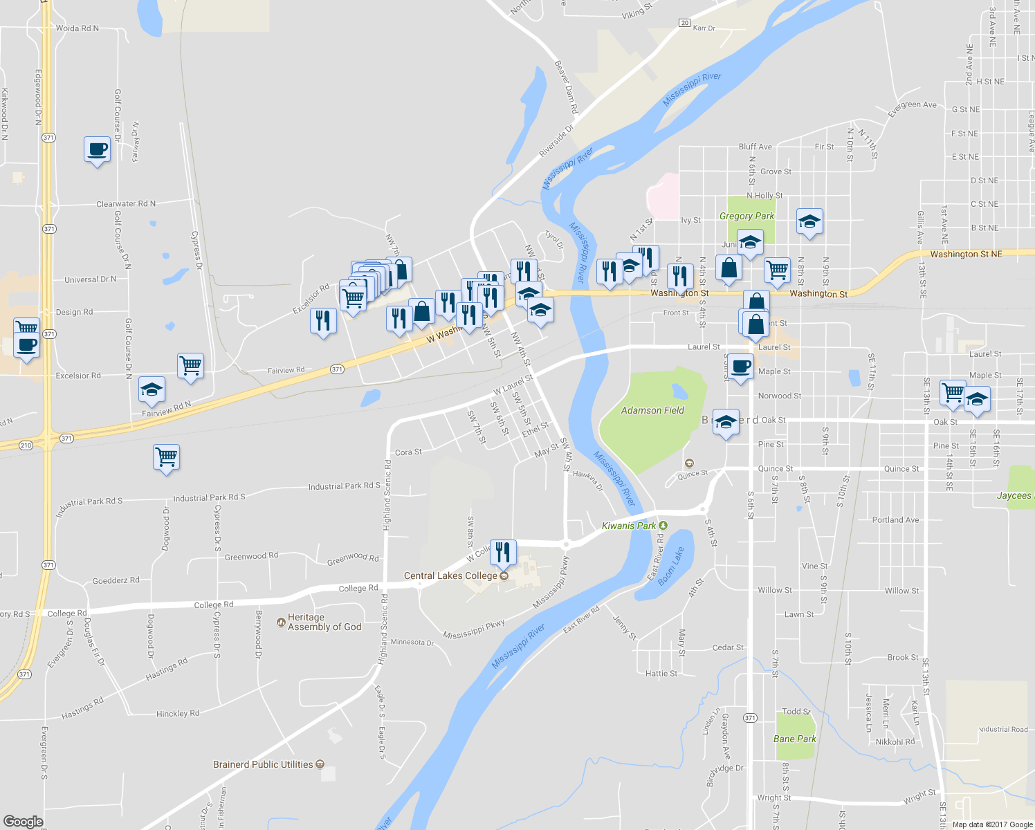 map of restaurants, bars, coffee shops, grocery stores, and more near 302 Southwest 5th Street in Brainerd