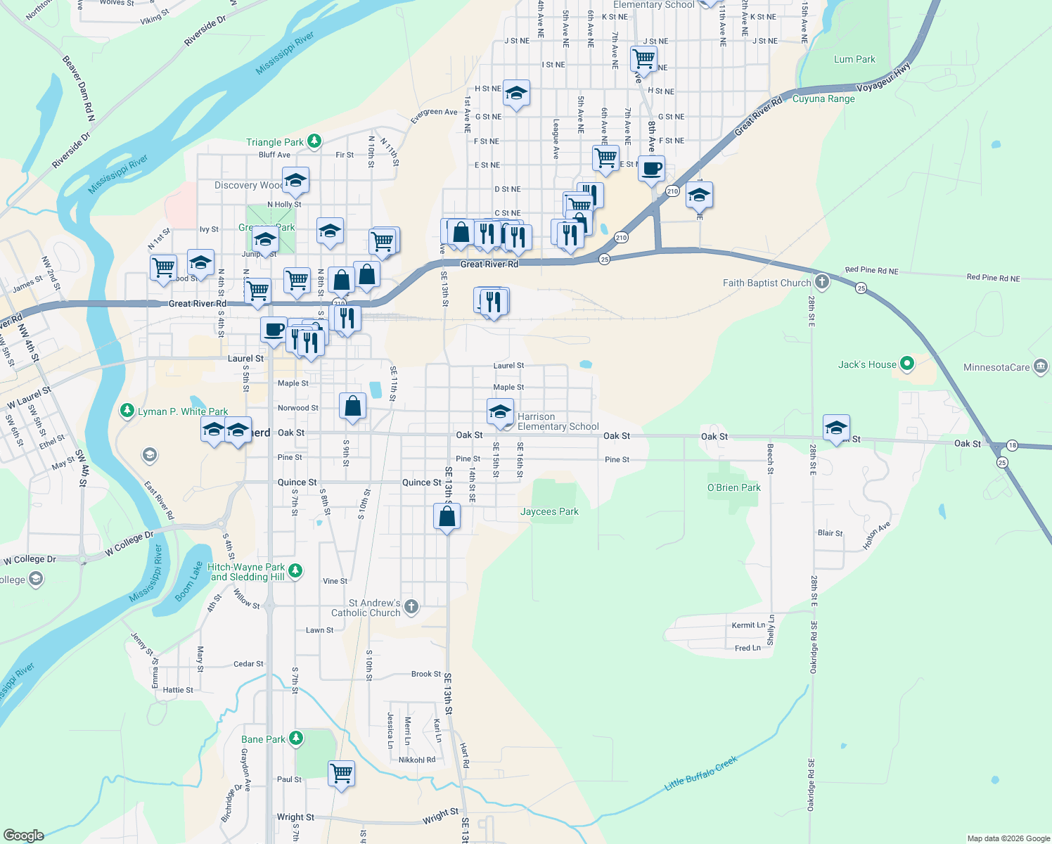 map of restaurants, bars, coffee shops, grocery stores, and more near 509 Southeast 16th Street in Brainerd