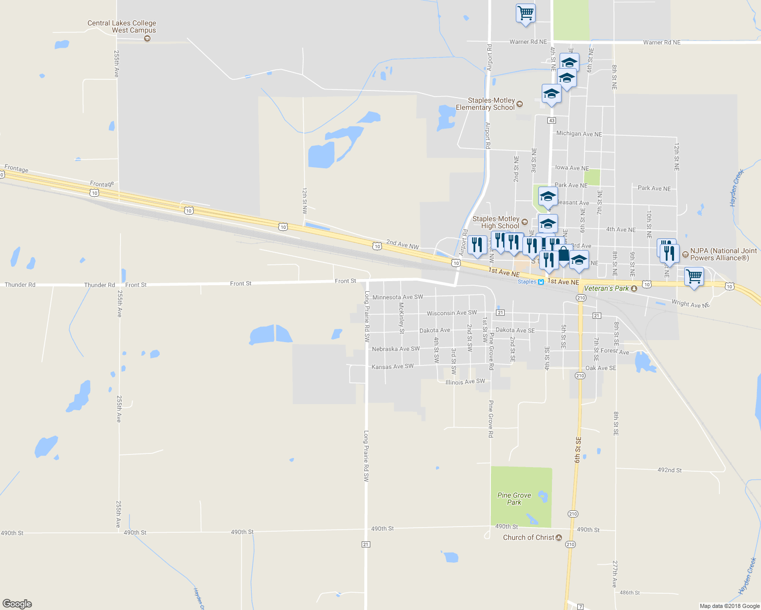 map of restaurants, bars, coffee shops, grocery stores, and more near 207 Roosevelt Street Southwest in Staples