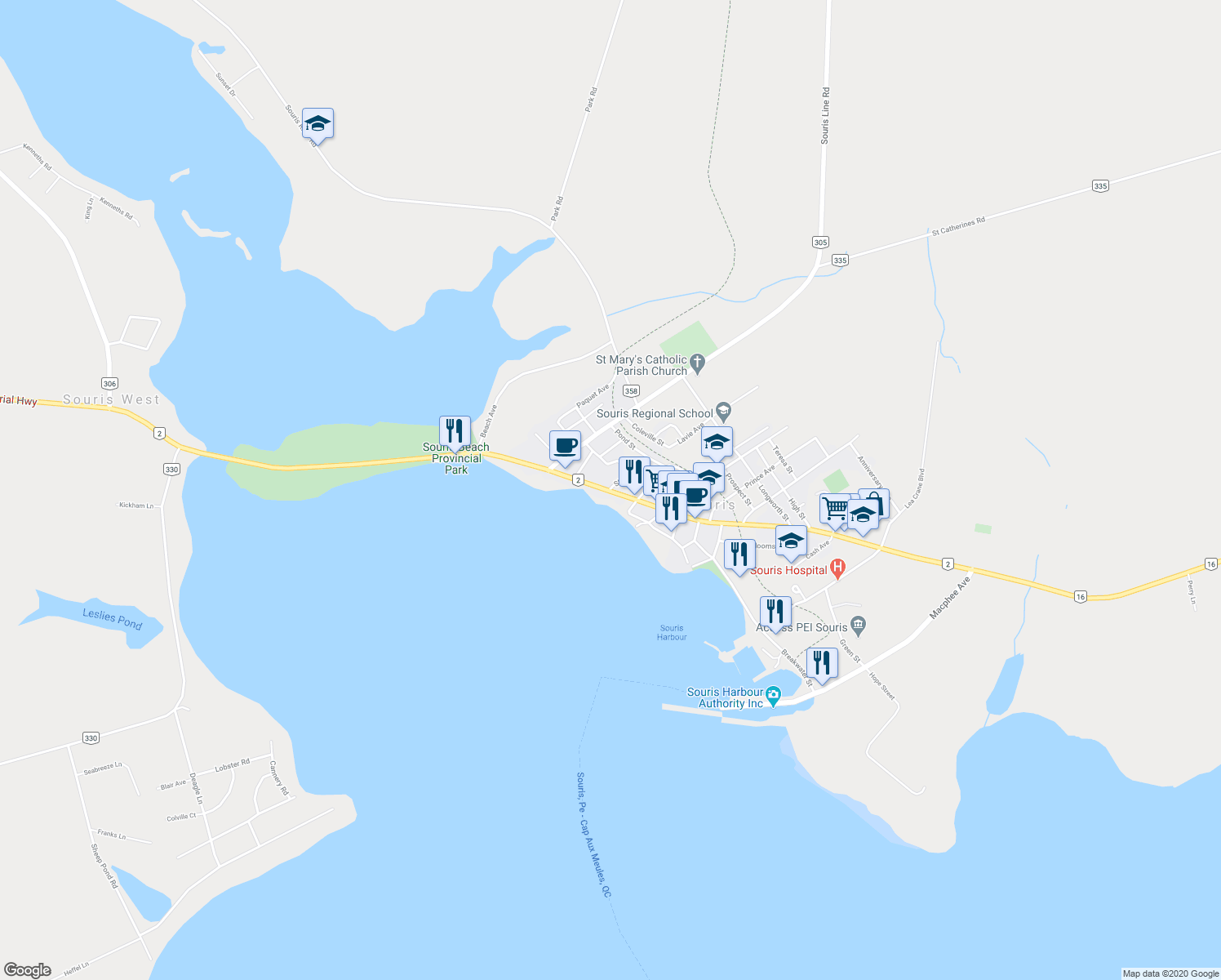 map of restaurants, bars, coffee shops, grocery stores, and more near 6 Sterns Avenue in Souris