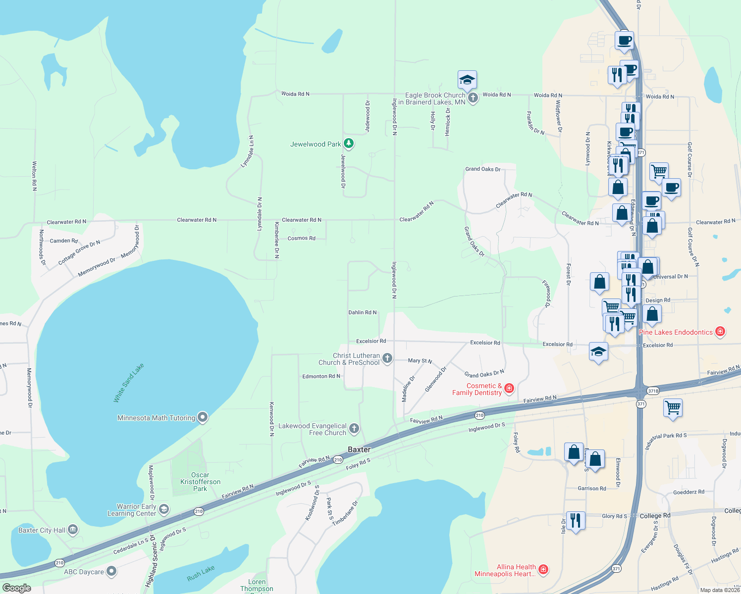 map of restaurants, bars, coffee shops, grocery stores, and more near 6355 Calcutta Road North in Baxter