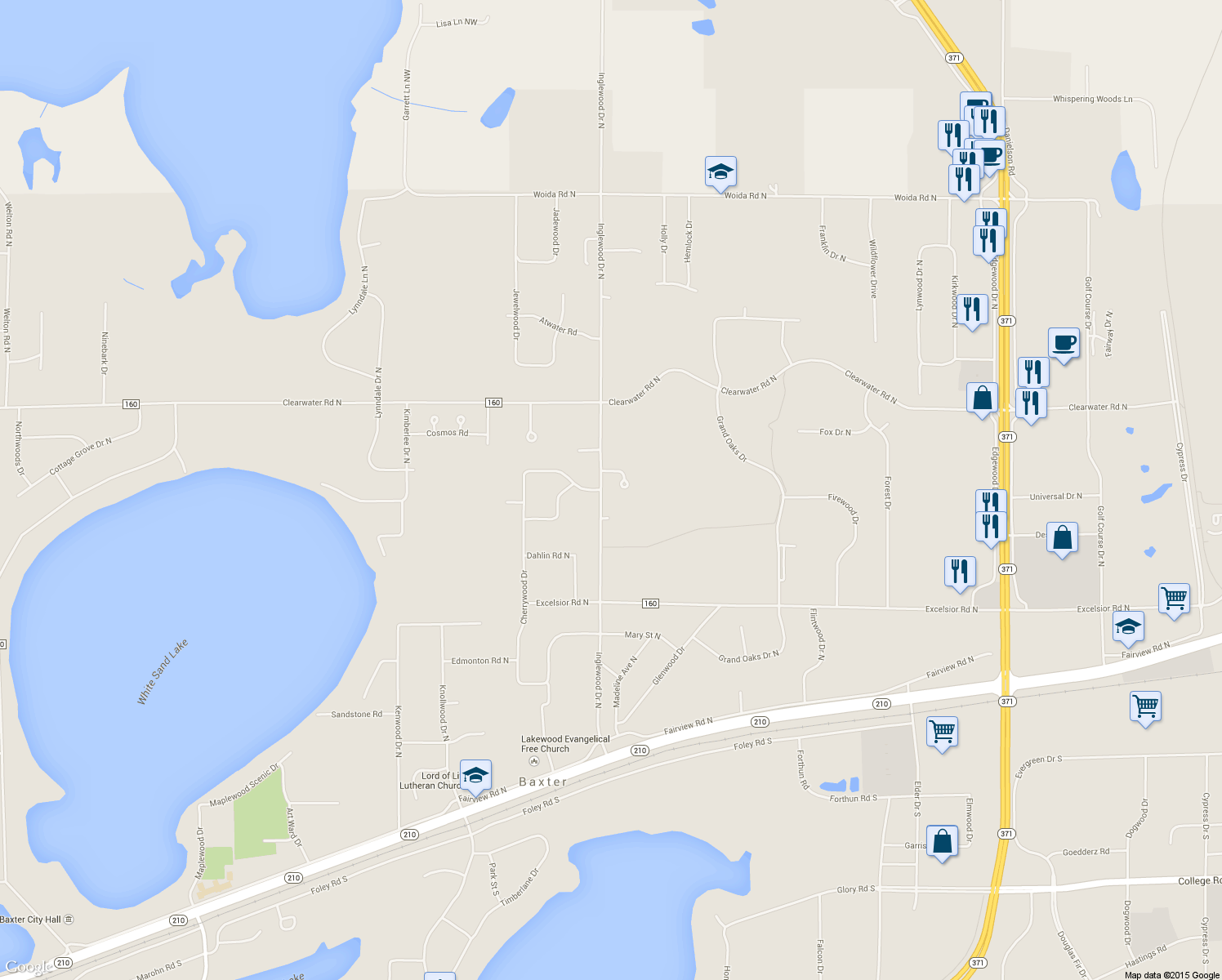 map of restaurants, bars, coffee shops, grocery stores, and more near 14276 Inglewood Drive North in Baxter