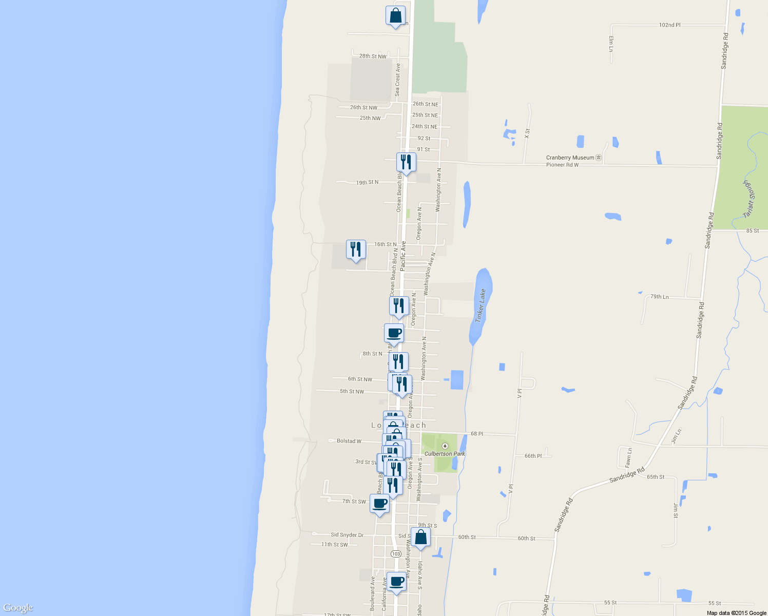 map of restaurants, bars, coffee shops, grocery stores, and more near 1105 Ocean Beach Boulevard North in Long Beach