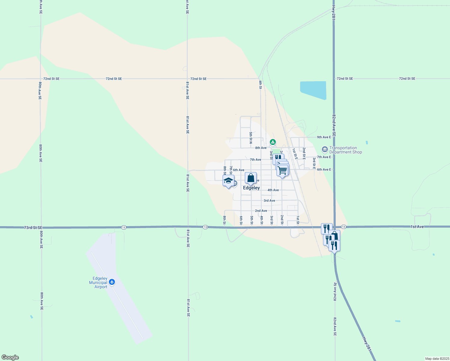 map of restaurants, bars, coffee shops, grocery stores, and more near 8th St in Edgeley