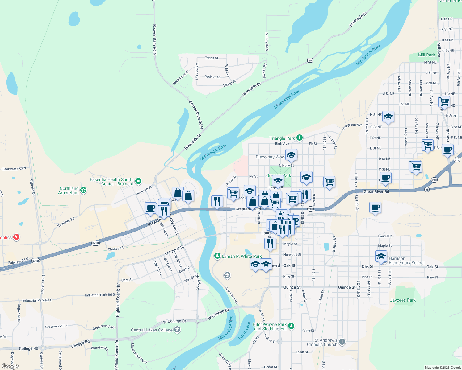 map of restaurants, bars, coffee shops, grocery stores, and more near 111 Juniper Street in Brainerd