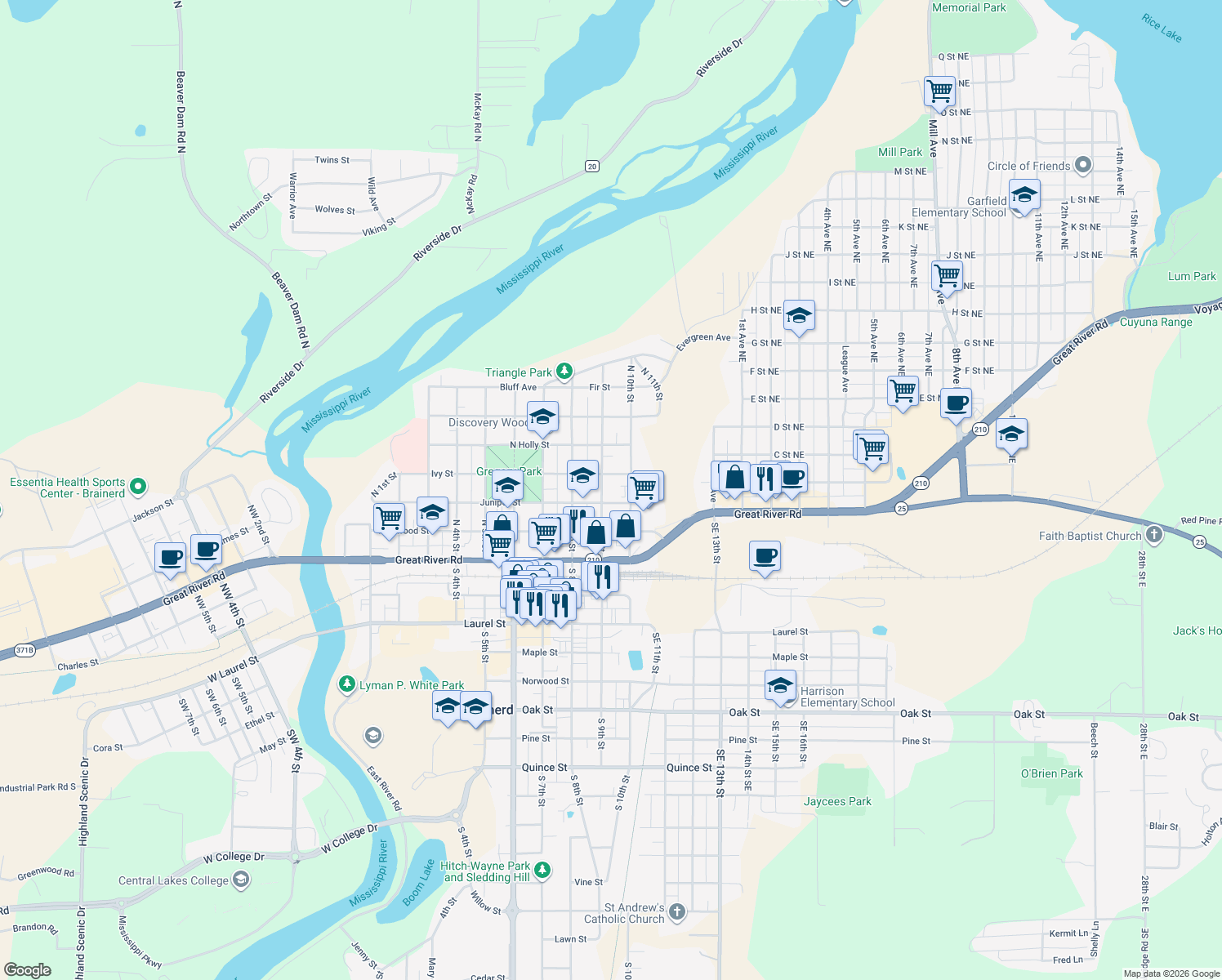 map of restaurants, bars, coffee shops, grocery stores, and more near 412 North 9th Street in Brainerd