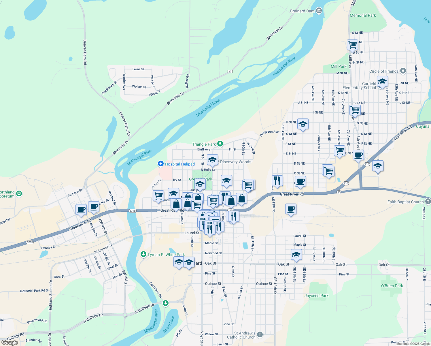 map of restaurants, bars, coffee shops, grocery stores, and more near 520 North 7th Street in Brainerd