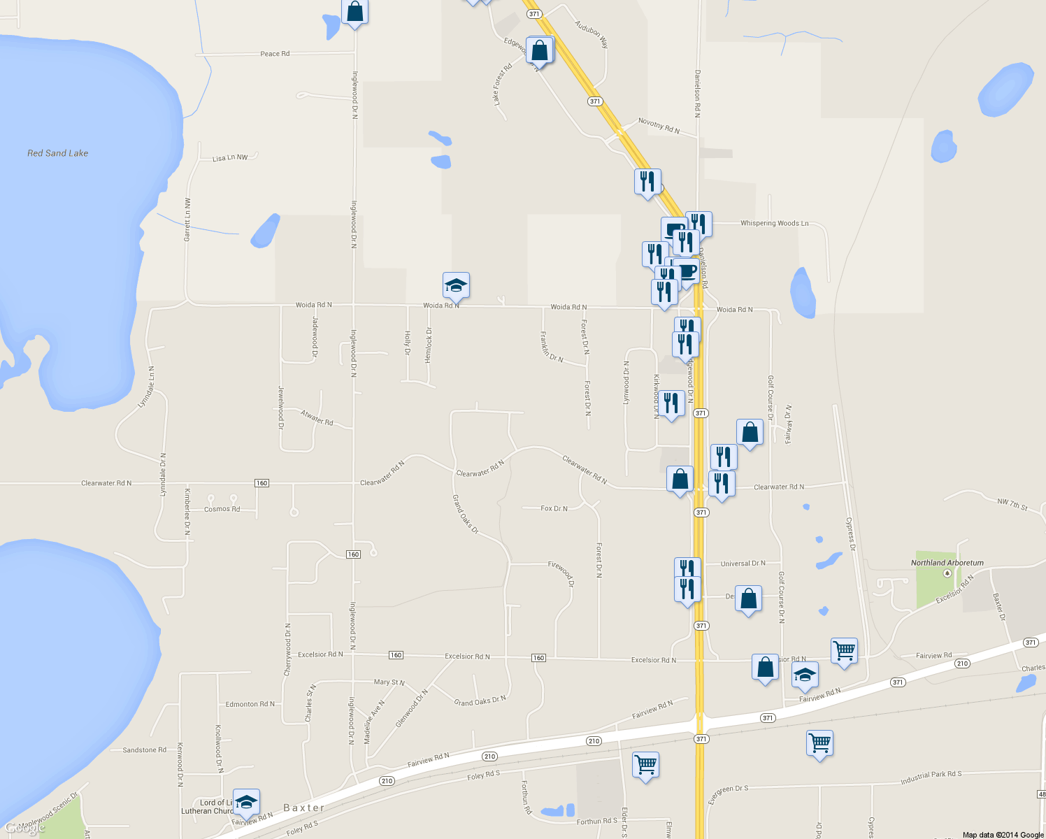 map of restaurants, bars, coffee shops, grocery stores, and more near 14706 Grand Oaks Drive in Baxter