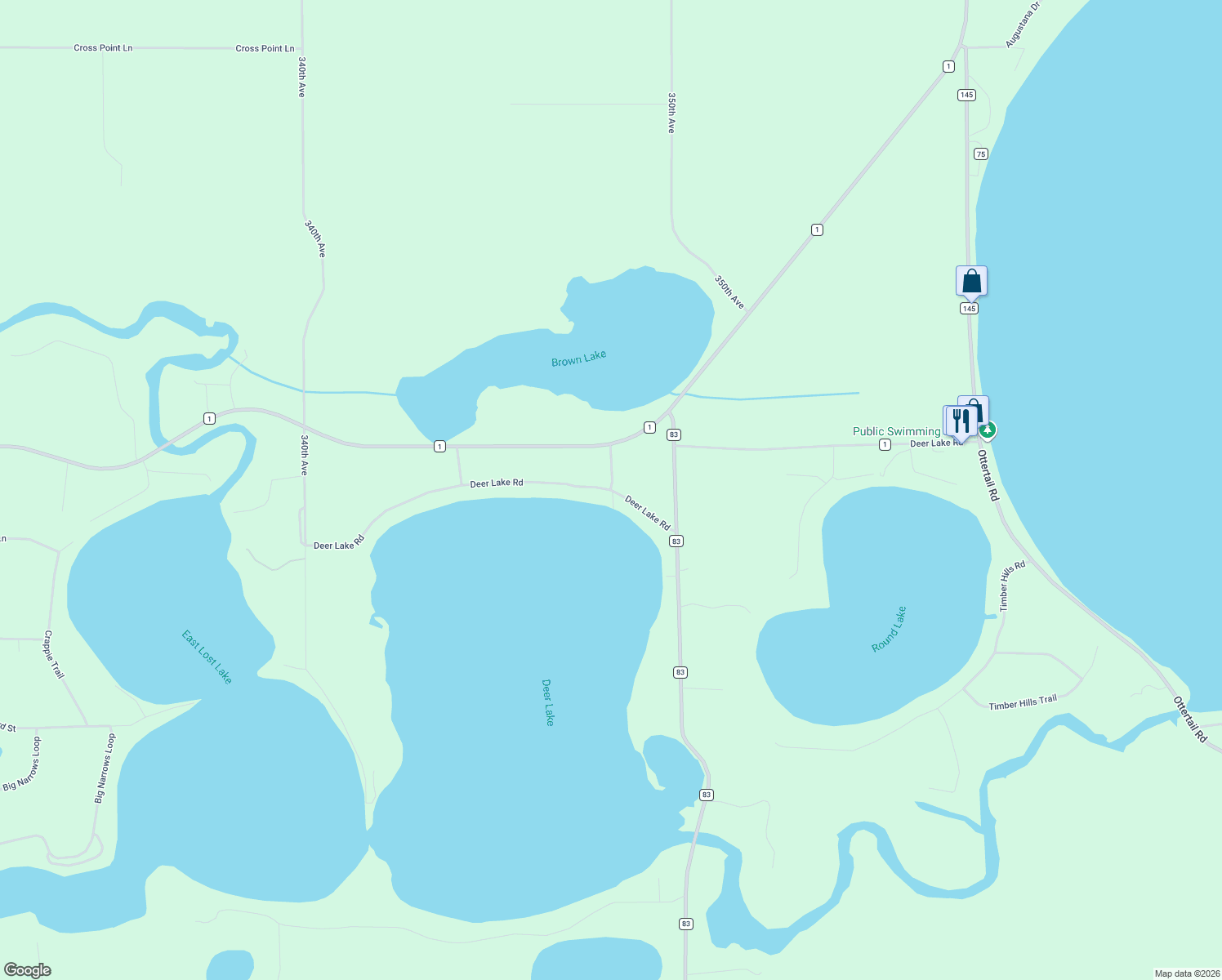 map of restaurants, bars, coffee shops, grocery stores, and more near 34442 Deer Lake Road in Battle Lake